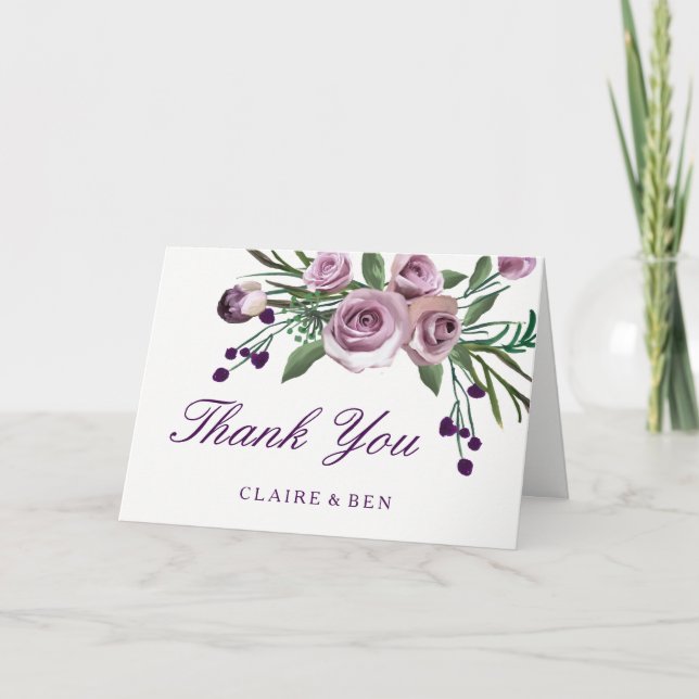 Romantic Plum Purple Rose Floral Wedding Thank You Card (Front)
