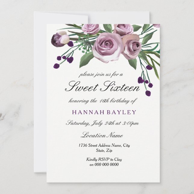 Romantic Plum Purple Rose Sweet 16 Invitation (Front)