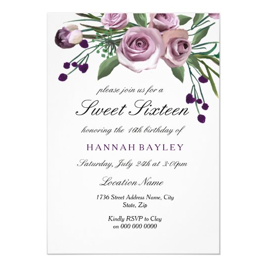 Romantic Plum Purple Rose Sweet 16 Invitation