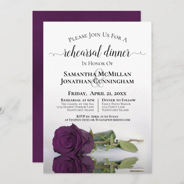 Romantic Plum Purple Rose Wedding Rehearsal Dinner Invitation (Front/Back)