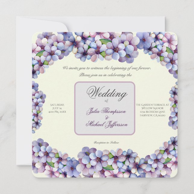 Romantic Poetic Lilac Watercolor Floral Wedding Invitation (Front)
