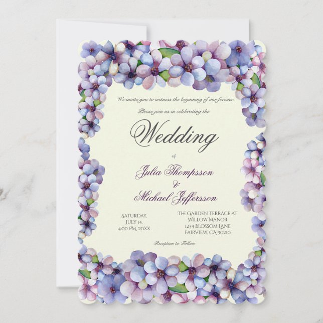 Romantic Poetic Lilac Watercolor Floral Wedding Invitation (Front)