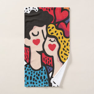 Romantic Pop Art Illustration of a Loving Couple Bath Towel Set