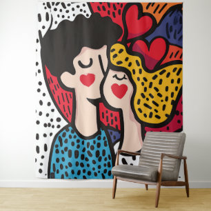 Romantic Pop Art Illustration of a Loving Couple Tapestry