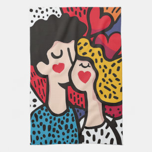 Romantic Pop Art Illustration of a Loving Couple Tea Towel