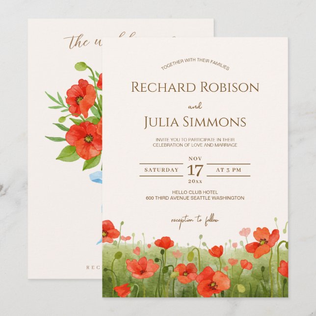 Romantic Poppy Floral Red Wedding Invitation (Front/Back)