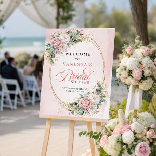 Romantic Powder Pink Floral Greenery Gold Sign