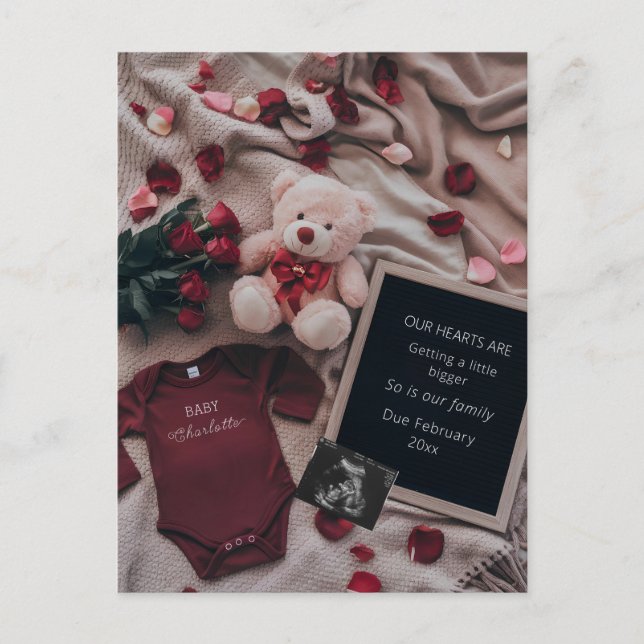 Romantic Pregnancy Announcement with Roses & Teddy Postcard (Front)