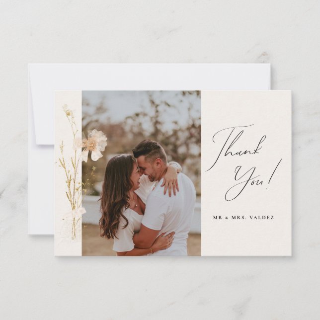 Romantic Pressed Flowers Wedding Photo Cream Thank You Card (Front)