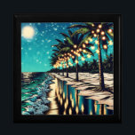 Romantic Pretty Coastal Art  Gift Box<br><div class="desc">Pretty romantic coastal Ai art depicting a row of palm trees with illuminated white lights on them. A pretty reflection on the sandy beach and waves.</div>
