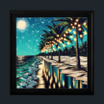 Romantic Pretty Coastal Art  Gift Box<br><div class="desc">Pretty romantic coastal Ai art depicting a row of palm trees with illuminated white lights on them. A pretty reflection on the sandy beach and waves.</div>