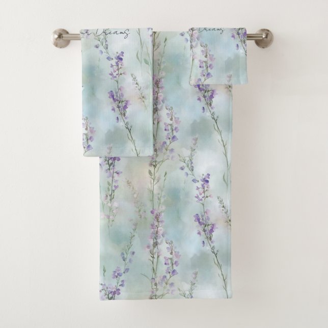 Romantic Pretty Lavender Flowers Dragonflies Bath Towel Set (Insitu)