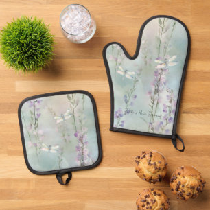 Romantic Pretty Lavender Flowers Dragonflies Oven Mitt & Pot Holder Set