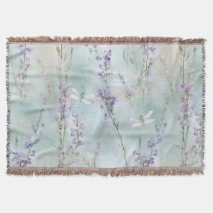 Romantic Pretty Lavender Flowers Dragonflies Throw Blanket