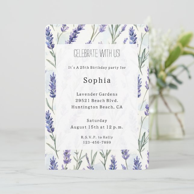 Romantic Pretty Purple Lavender Floral Birthday Invitation (Standing Front)