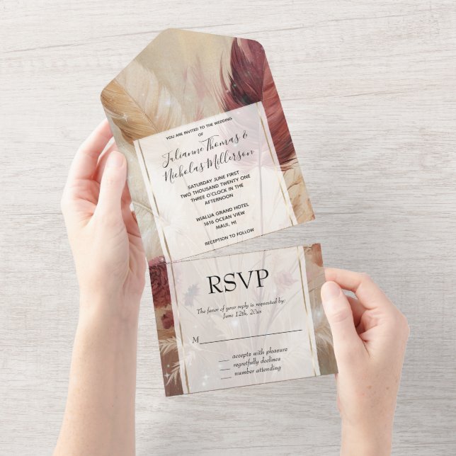 Romantic Pretty Red Cream Boho Feathers Wedding All In One Invitation (Tearaway)