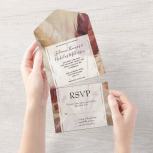 Romantic Pretty Red Cream Boho Feathers Wedding All In One Invitation