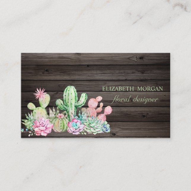 Romantic Professional Cactus,Flowers,Dark Wood  Business Card (Front)