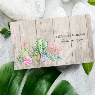 Romantic Professional Cactus,Flowers,Wood Texture  Business Card