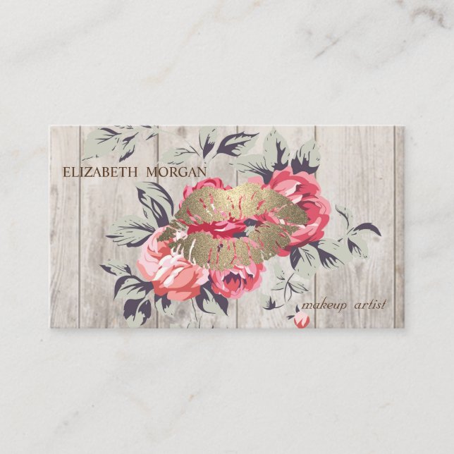 Romantic Professional Floral ,Lips,Wood Texture Business Card (Front)