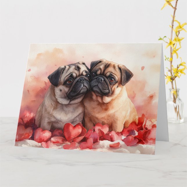 Romantic Pug Couple Watercolor Heartfelt Love Card (Yellow Flower)
