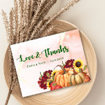 Romantic Pumpkin Autumn Leaves Fall Wedding Thank You Card<br><div class="desc">Romantic Pumpkin Autumn Leaves Fall Wedding Thank You Card . The Design has Love & thanks Written in classy script font along with the names of the newly weds on a background of autumn leaves , pumpkin and flowers like sunflower . The inside of the card has a personalised message...</div>