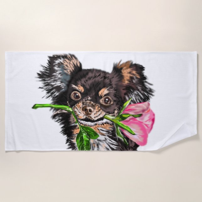 Romantic Puppy with Rose Beach Towel Funny (Front)