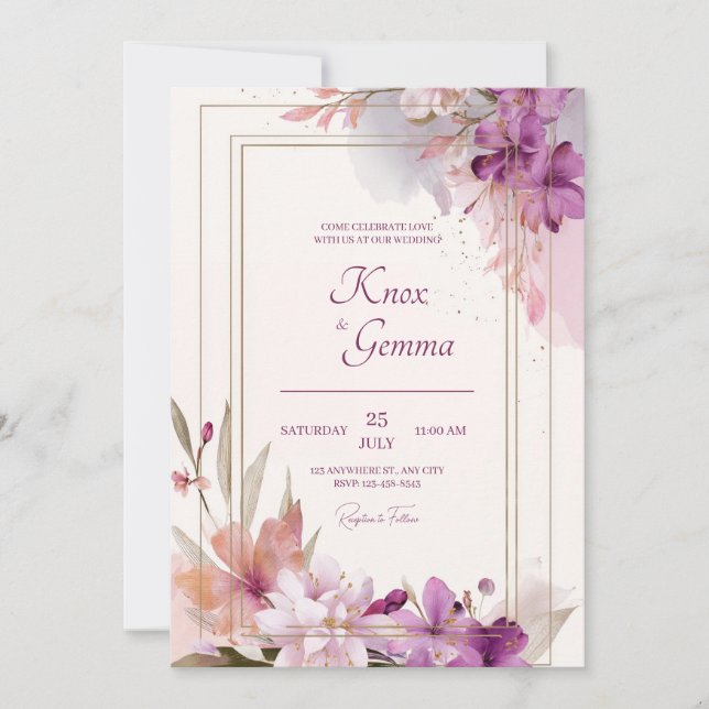 Romantic Purple Blossom Floral Wedding  Invitation (Front)
