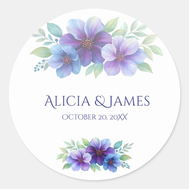 Romantic Purple Blue Botanical Watercolor Wedding  Classic Round Sticker (Front)