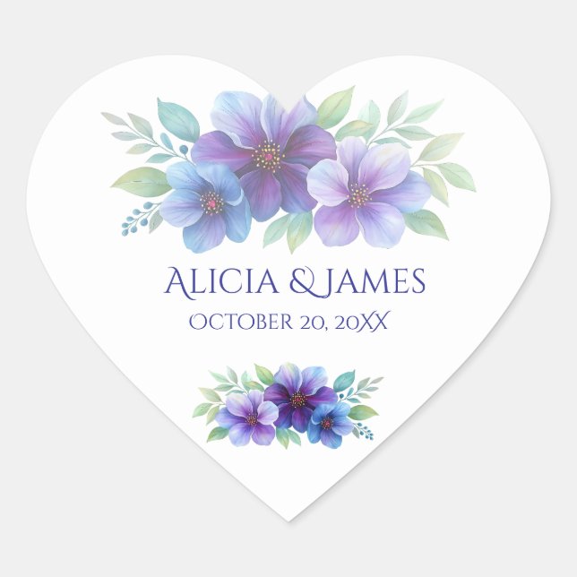 Romantic Purple Blue Botanical Watercolor Wedding  Heart Sticker (Front)