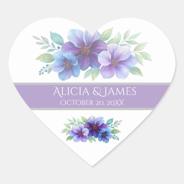 Romantic Purple Blue Botanical Watercolor Wedding  Heart Sticker (Front)