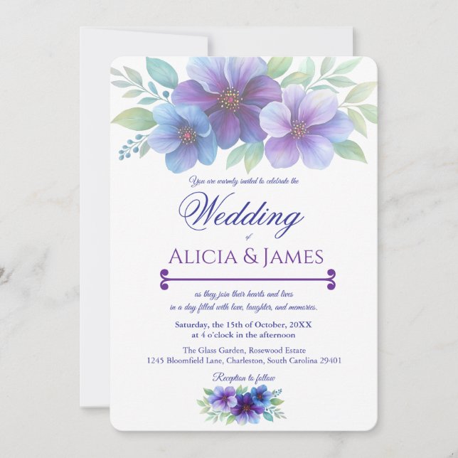 Romantic Purple Blue Botanical Watercolor Wedding Invitation (Front)
