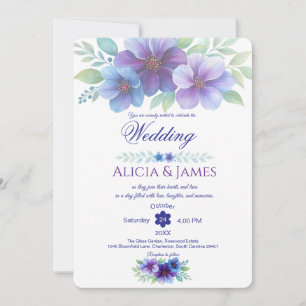 Romantic Purple Blue Botanical Watercolor Wedding Invitation