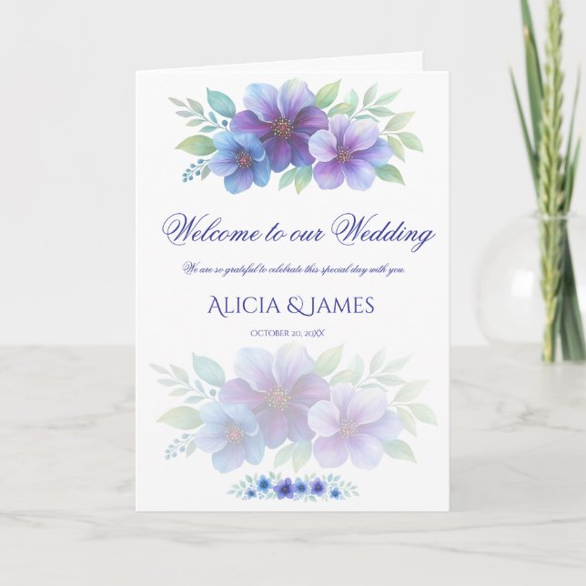 Romantic Purple Blue Botanical Watercolor Wedding  Programme (Front)