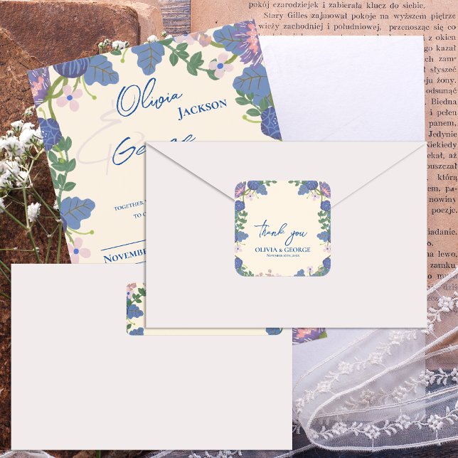 Romantic Purple & Blue Floral Wedding Thank You Square Sticker (Romantic Purple & Blue Floral Wedding Thank You Square Sticker)
