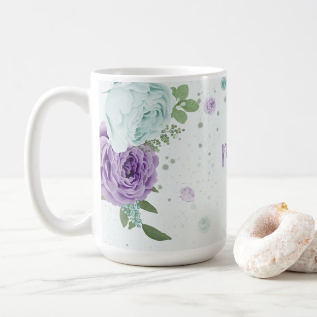 romantic purple blue flowers  greenery coffee mug (With Donut)
