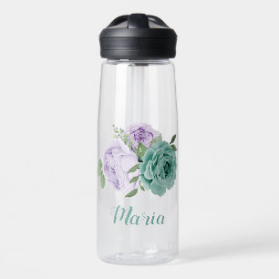 romantic purple blue flowers greenery water bottle
