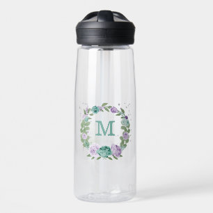 romantic purple blue flowers greenery water bottle