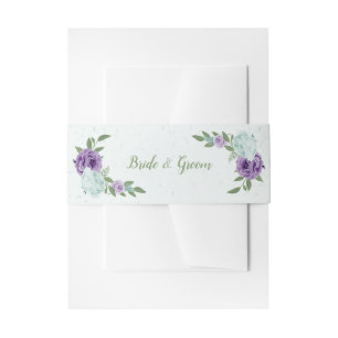 romantic purple blue flowers  greenery wedding invitation belly band
