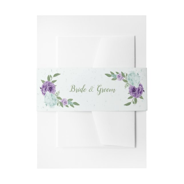 romantic purple blue flowers  greenery wedding invitation belly band (Front Example)