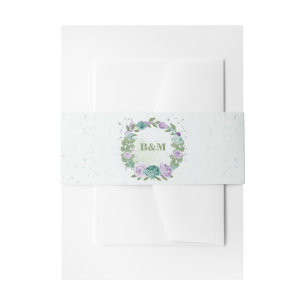 romantic purple blue flowers  greenery wedding invitation belly band