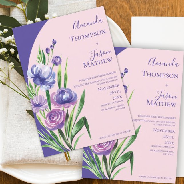 Romantic Purple Blush Pink  Floral Elegant Wedding Invitation (Romantic Purple Blush Pink Floral Elegant Wedding Invitation)