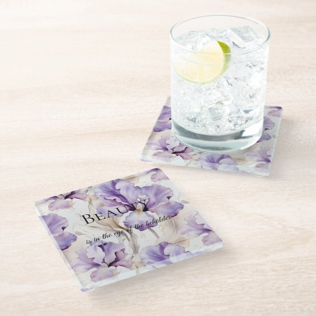Romantic Purple Cream Iris Floral Beauty Quote Glass Coaster (Angled)