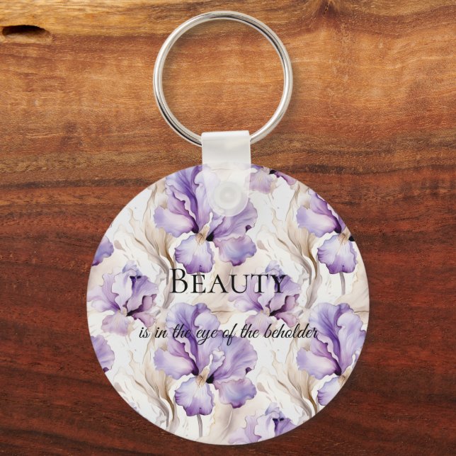 Romantic Purple Cream Iris Floral Beauty Quote Key Ring (Front)