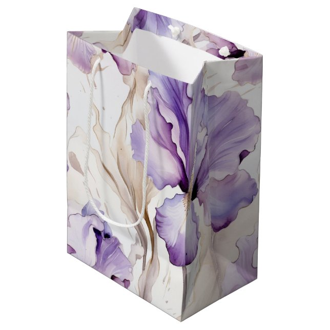 Romantic Purple Cream Iris Floral Bridal Shower Medium Gift Bag (Front Angled)