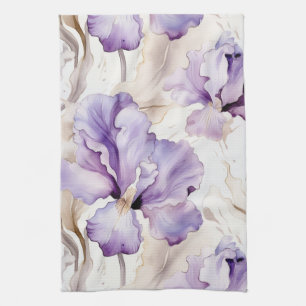 Romantic Purple Cream Iris Floral Bridal Shower Tea Towel
