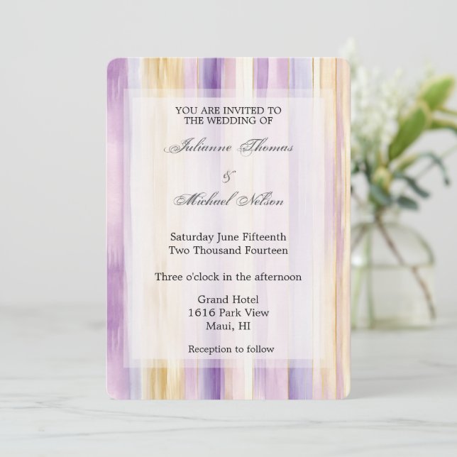 Romantic Purple Cream Iris Stripes Wedding Invitation (Standing Front)