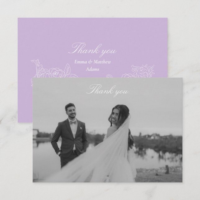 Romantic Purple Crest Photo Wedding Thank You Card (Front/Back)