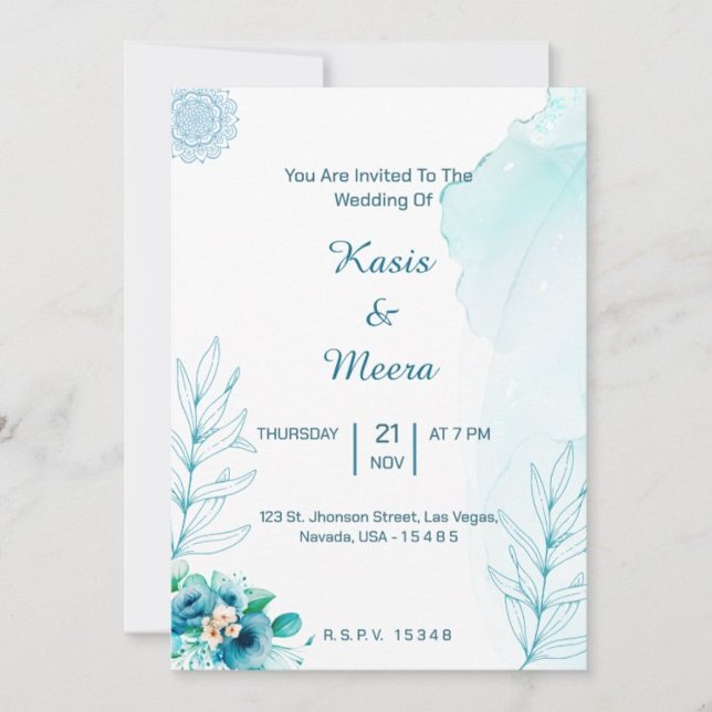 Romantic purple daisy flower destination wedding invitation (Blue floral watercolor wedding invitation card for you may have a bluish and elegant married life)