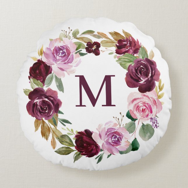 Romantic Purple Fall Floral Wreath Monogram Round Cushion (Front)
